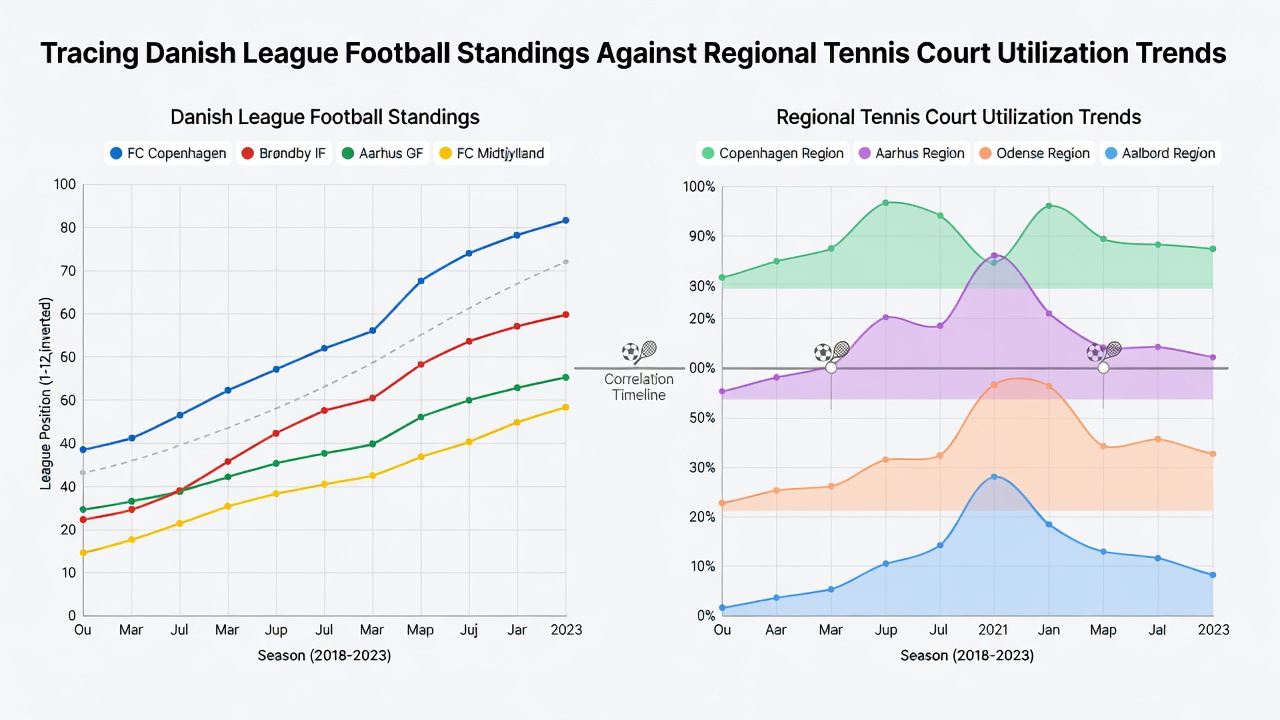 Grafisk fremstilling af korrelation mellem fodboldplaceringer og tennisbanebookinger over tid