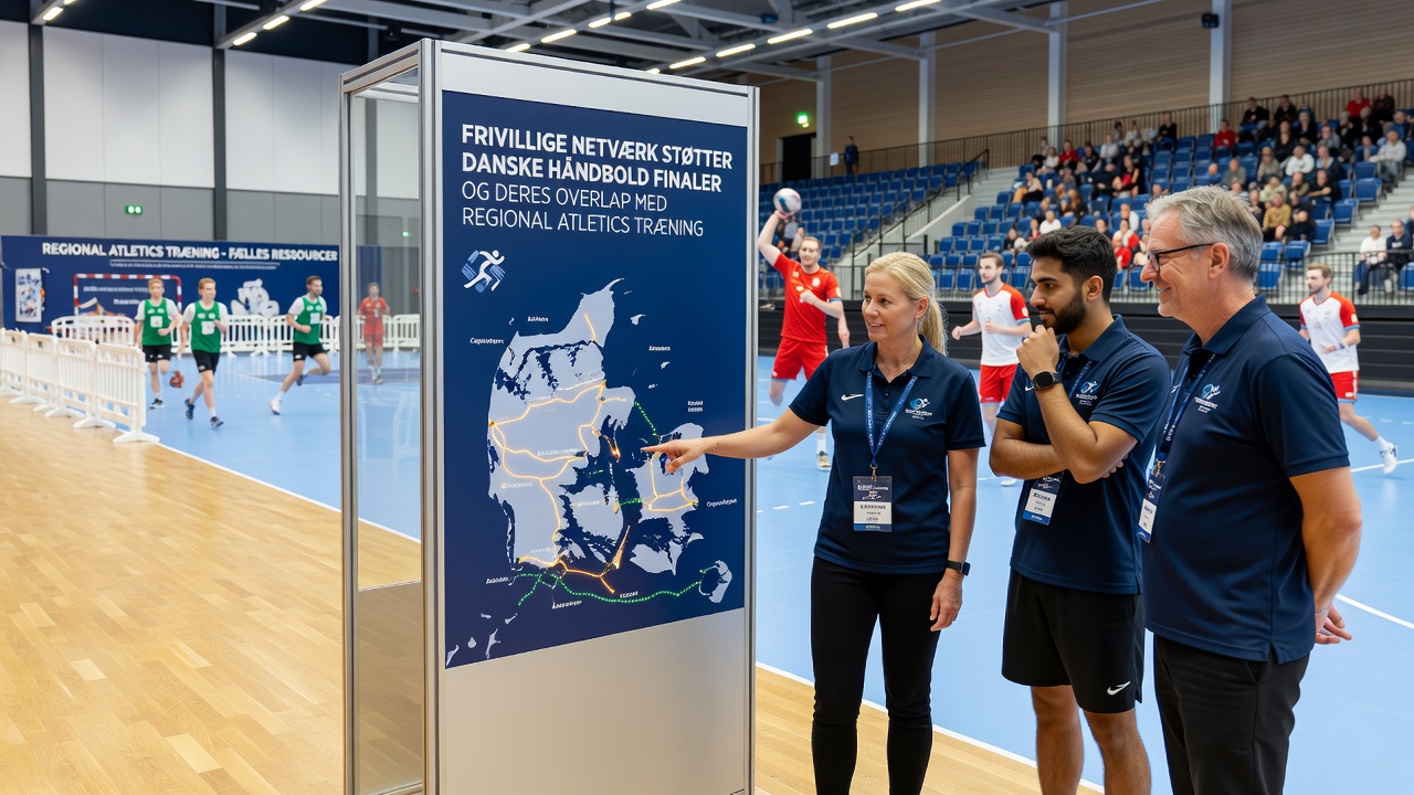Atletikudøvere træner i en hal mens håndboldfrivillige forbereder finaleopsætning i baggrunden